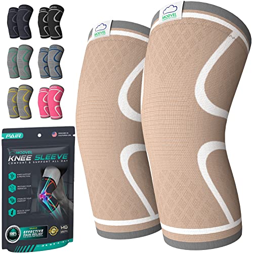 Modvel Knee Compression Sleeve for Knee Pain Relief & Knee Support - Pack of 2 Knee Sleeves for Women & Men, 1 Pair of Knee Brace for Running, Workout, Sports, & Injury Recovery - X-Small, Black/Gray