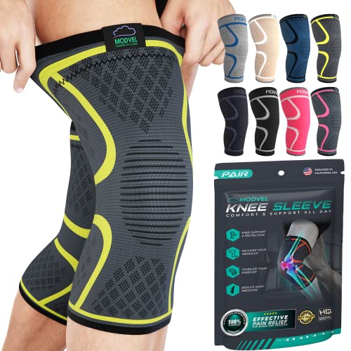 Modvel Knee Compression Sleeve for Knee Pain Relief & Knee Support - Pack of 2 Knee Sleeves for Women & Men, 1 Pair of Knee Brace for Running, Workout, Sports, & Injury Recovery - X-Small, Black/Gray