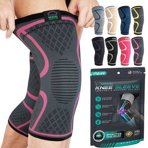 Modvel Knee Compression Sleeve for Knee Pain Relief & Knee Support - Pack of 2 Knee Sleeves for Women & Men, 1 Pair of Knee Brace for Running, Workout, Sports, & Injury Recovery - X-Small, Black/Gray