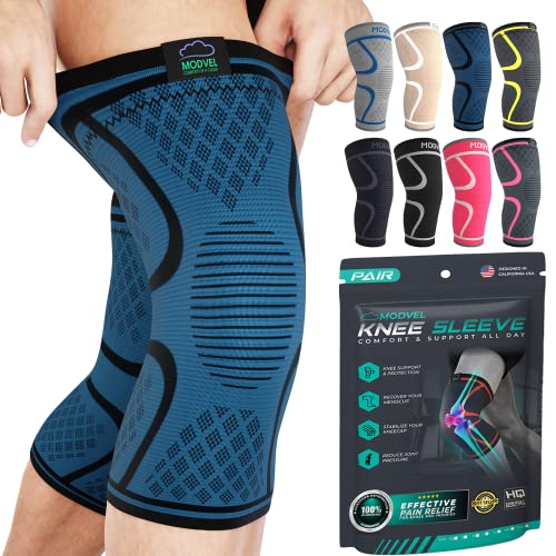 Modvel Knee Compression Sleeve for Knee Pain Relief & Knee Support - Pack of 2 Knee Sleeves for Women & Men, 1 Pair of Knee Brace for Running, Workout, Sports, & Injury Recovery - X-Small, Black/Gray