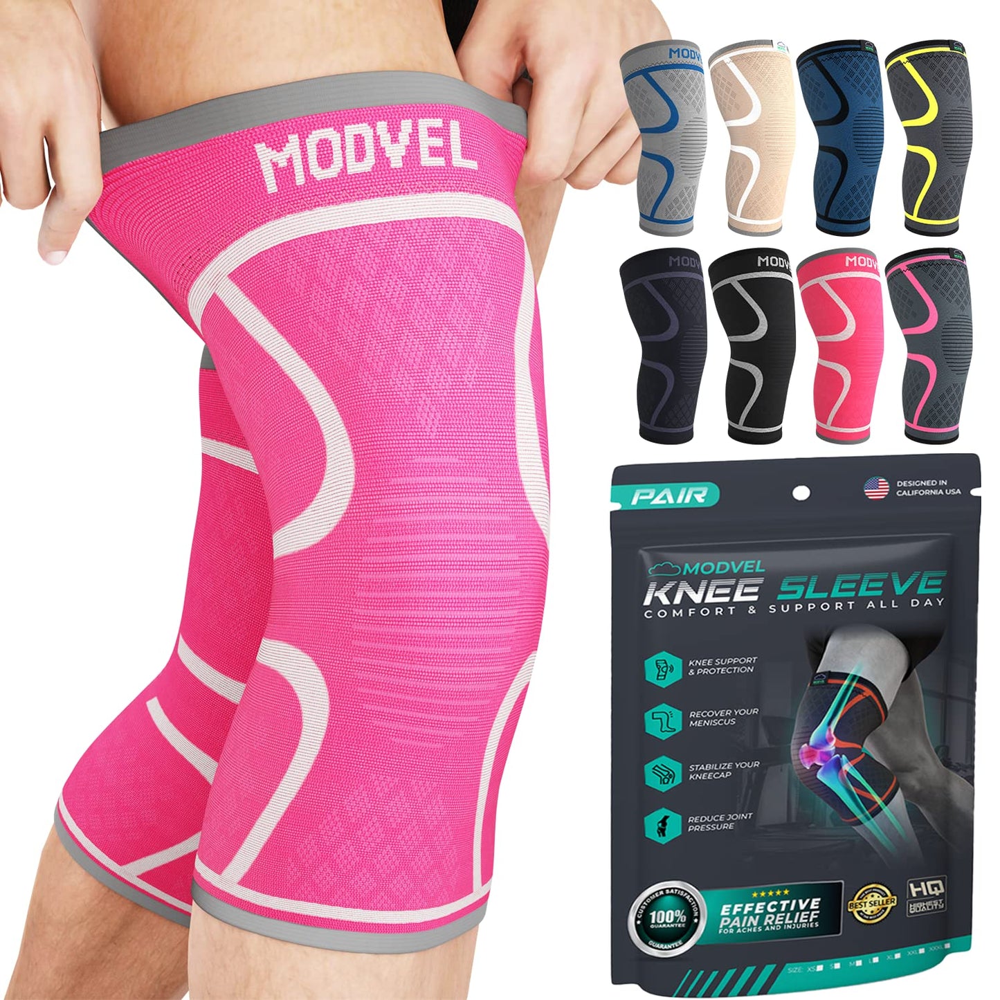 Modvel Knee Compression Sleeve for Knee Pain Relief & Knee Support - Pack of 2 Knee Sleeves for Women & Men, 1 Pair of Knee Brace for Running, Workout, Sports, & Injury Recovery - X-Small, Black/Gray