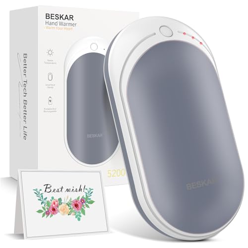 BESKAR Rechargeable Hand Warmer, 5200mAh Electric Hand Heater, Double-Sided Heating, USB Quick Charge, Portable Pocket Hand Warmer for Outdoor, Golf, Raynauds - Winter Gift