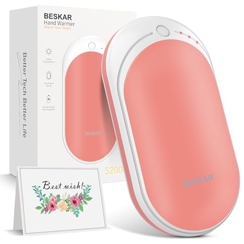 BESKAR Rechargeable Hand Warmer, 5200mAh Electric Hand Heater, Double-Sided Heating, USB Quick Charge, Portable Pocket Hand Warmer for Outdoor, Golf, Raynauds - Winter Gift