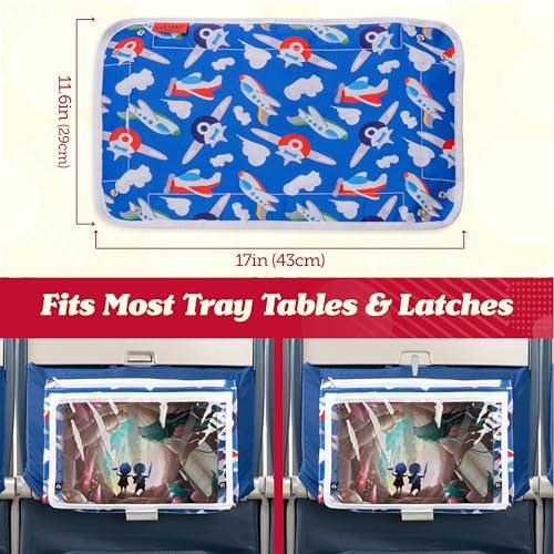 Lusso Gear Kids Tray Table Cover with Pockets - Airplane Travel Essentials for Babies, Toddlers, Adults - Travel Tray for Kids on Plane or Train - Airplane Must Haves and Flying Essentials - Airplanes