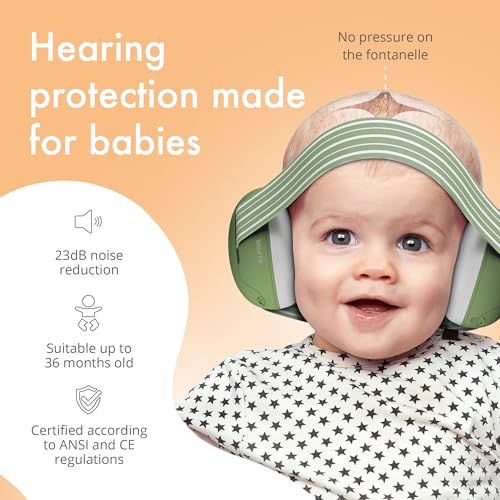 Alpine Muffy Baby Ear Protection for Babies and Toddlers up to 36 Months - CE & ANSI Certified - Noise Reduction Earmuffs - Comfortable Headphones Against Hearing Damage & Improves Sleep - Green