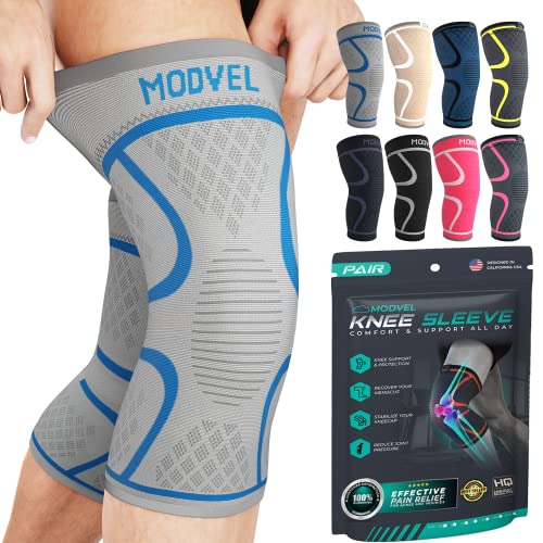 Modvel Knee Compression Sleeve for Knee Pain Relief & Knee Support - Pack of 2 Knee Sleeves for Women & Men, 1 Pair of Knee Brace for Running, Workout, Sports, & Injury Recovery - X-Small, Black/Gray