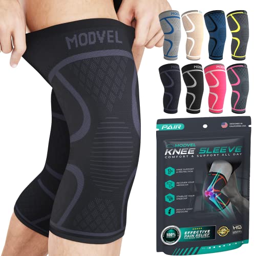 Modvel Knee Compression Sleeve for Knee Pain Relief & Knee Support - Pack of 2 Knee Sleeves for Women & Men, 1 Pair of Knee Brace for Running, Workout, Sports, & Injury Recovery - X-Small, Black/Gray