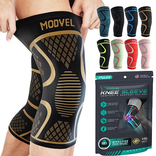 Modvel Knee Compression Sleeve for Knee Pain Relief & Knee Support - Pack of 2 Knee Sleeves for Women & Men, 1 Pair of Knee Brace for Running, Workout, Sports, & Injury Recovery - X-Small, Black/Gray