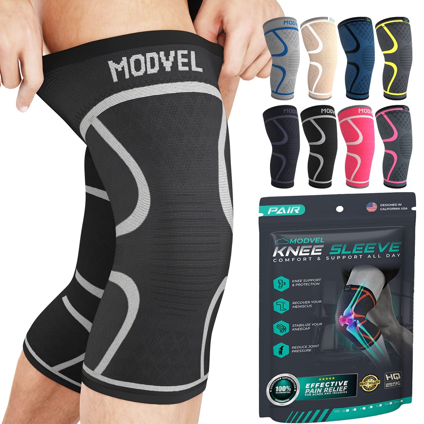 Modvel Knee Compression Sleeve for Knee Pain Relief & Knee Support - Pack of 2 Knee Sleeves for Women & Men, 1 Pair of Knee Brace for Running, Workout, Sports, & Injury Recovery - X-Small, Black/Gray