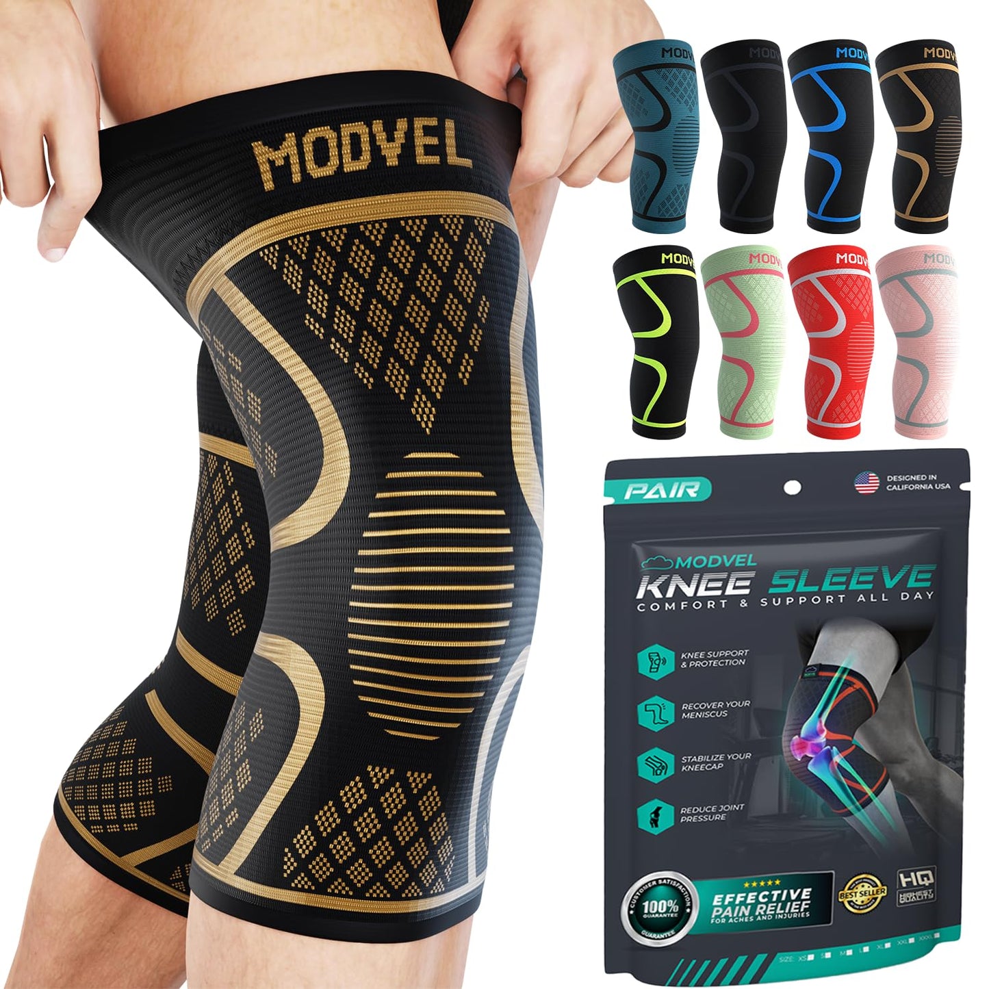 Modvel Knee Compression Sleeve for Knee Pain Relief & Knee Support - Pack of 2 Knee Sleeves for Women & Men, 1 Pair of Knee Brace for Running, Workout, Sports, & Injury Recovery - X-Small, Black/Gray